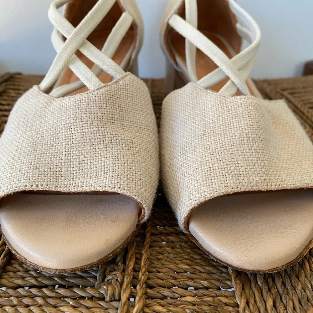 Anthropologie Shoes Women’s 36 Naguisa Yerma Natural Linen Peep Toe Sandals Heel